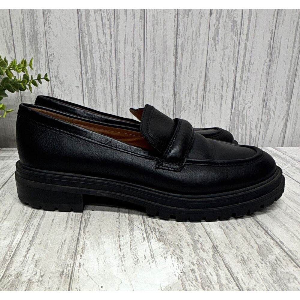 Madewell Womens Size 8 Black Leather Slip-On Loafer Flats Lug Rubber Sole
